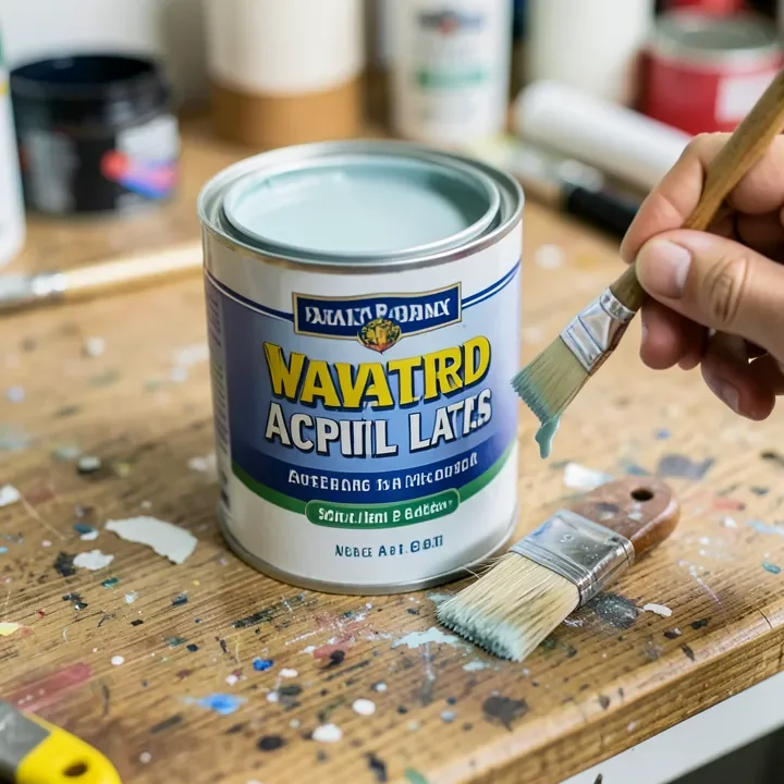 Can of water-based acrylic latex paint with a brush