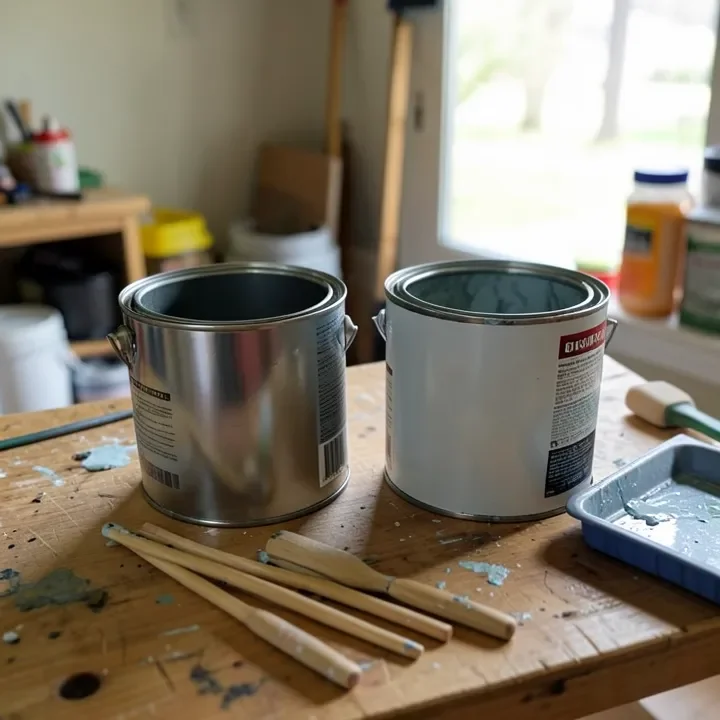two gallon paint cans and a roller tray on a workbench