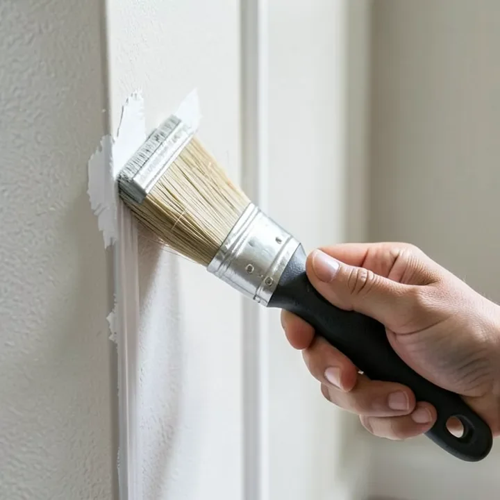hand using an angled brush to cut in trim paint along a wall corner