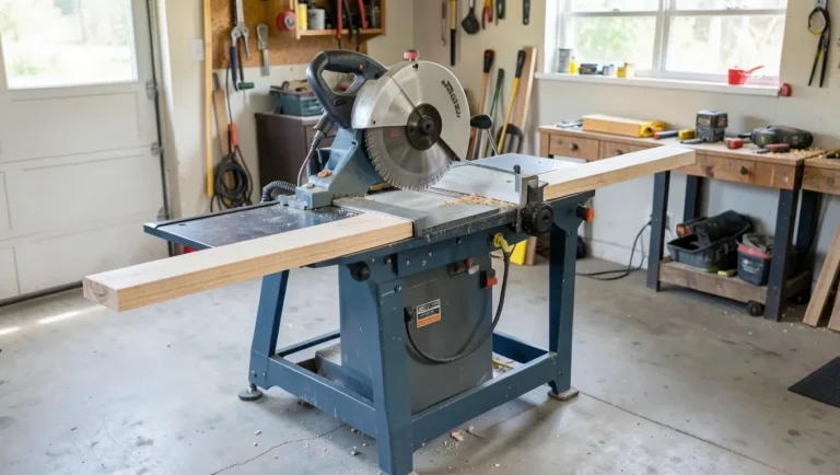 Jobsite portable table saw with folding outfeed table supporting a long board