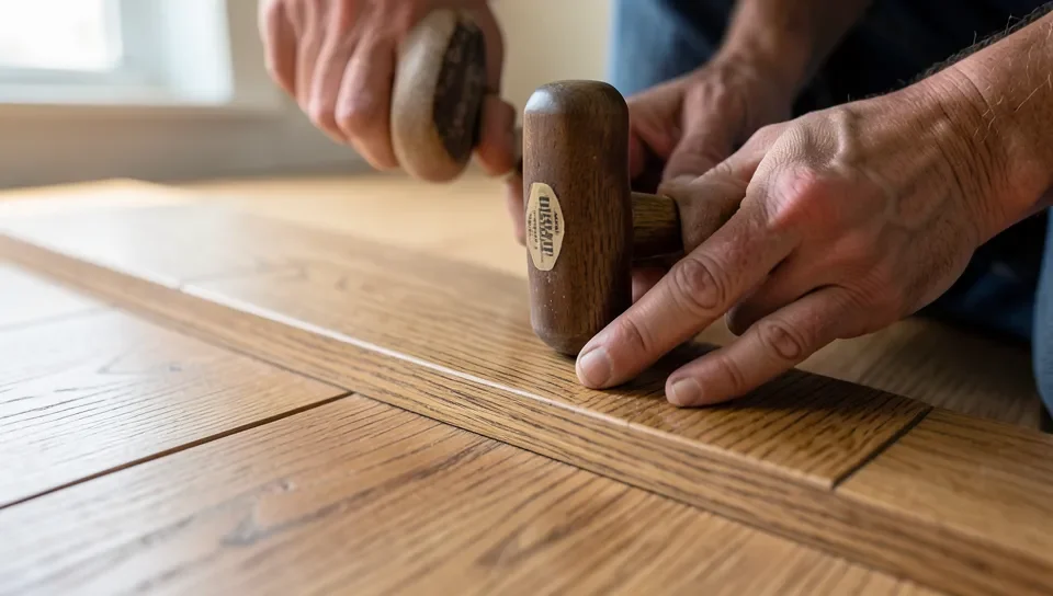 Installer tapping an engineered hardwood plank into place with a rubber mallet