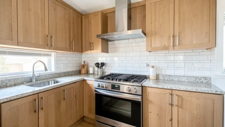 Kitchen with wood cabinets and white subway tile backsplash showing a contrast pairing