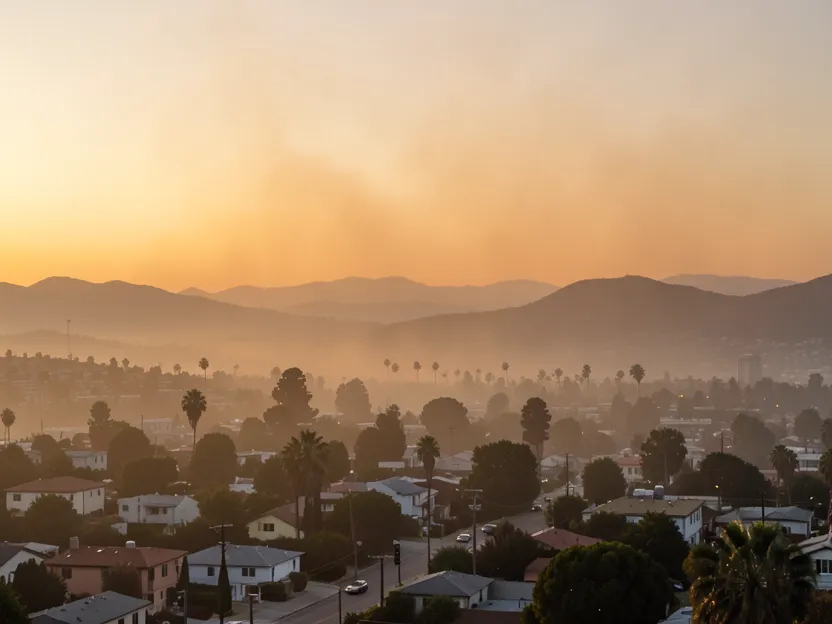 Hazy smog layer over the Los Angeles skyline on a still winter evening