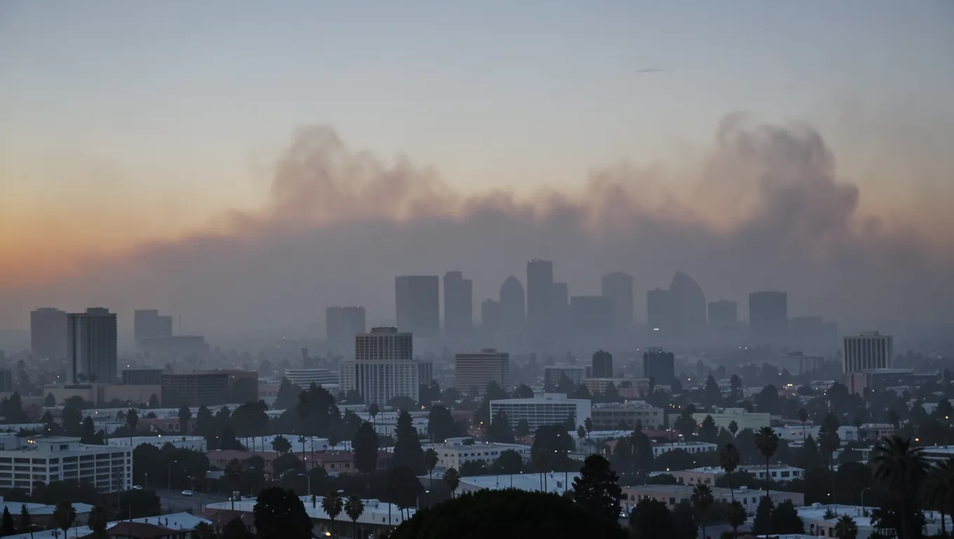 Smog haze over the Los Angeles skyline at dusk