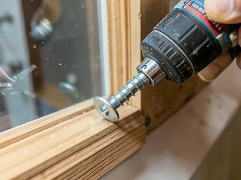 Cordless drill driving a galvanized lag screw with washer through a plywood panel into solid framing