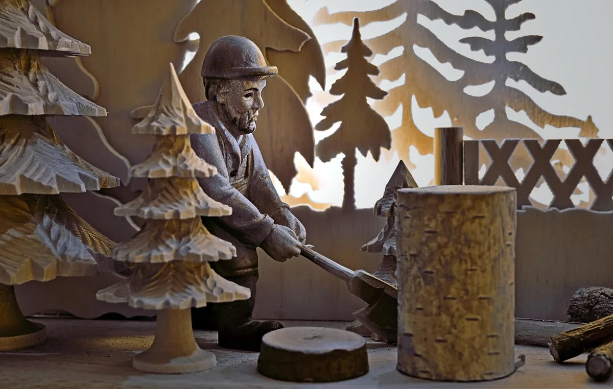 Dimensional wood carving showing depth and layering