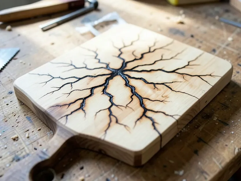 Finished Lichtenberg fractal wood burning pattern on a wood cutting board, the branching design people are chasing