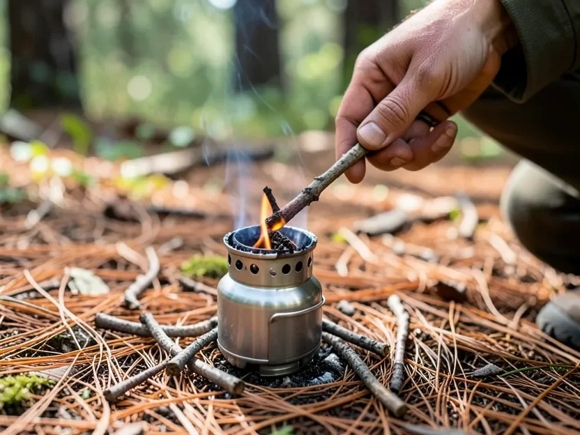 Hiker feeding a small dry twig into a lit folding wood-burning backpacking stove