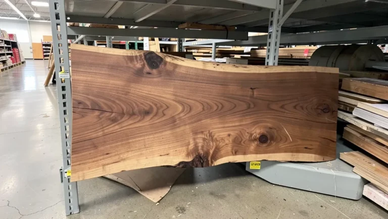 Live edge walnut wood slab at a home improvement store lumber rack