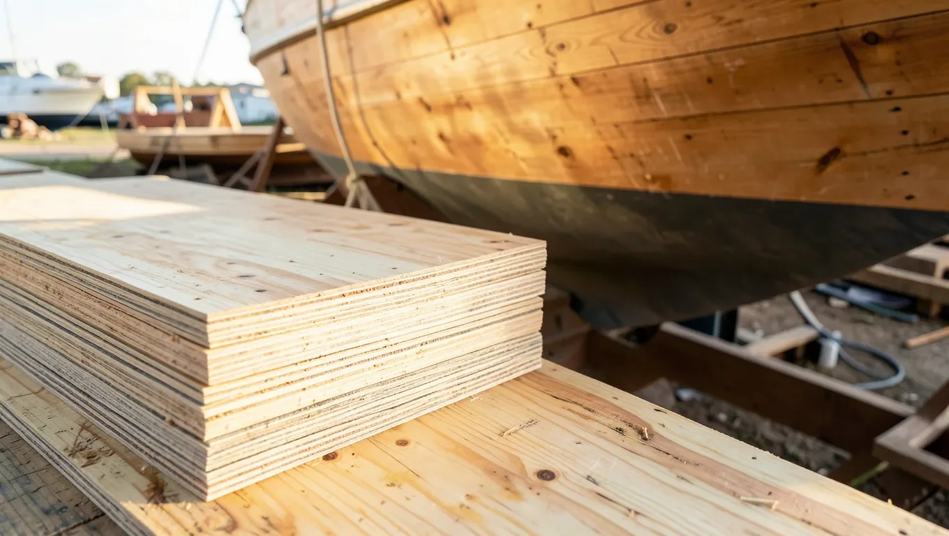 Stacked marine grade plywood sheets at a boatyard next to a wooden boat hull under construction