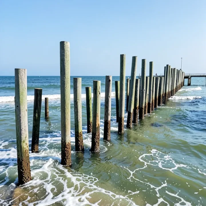 Wooden dock pilings standing in ocean water