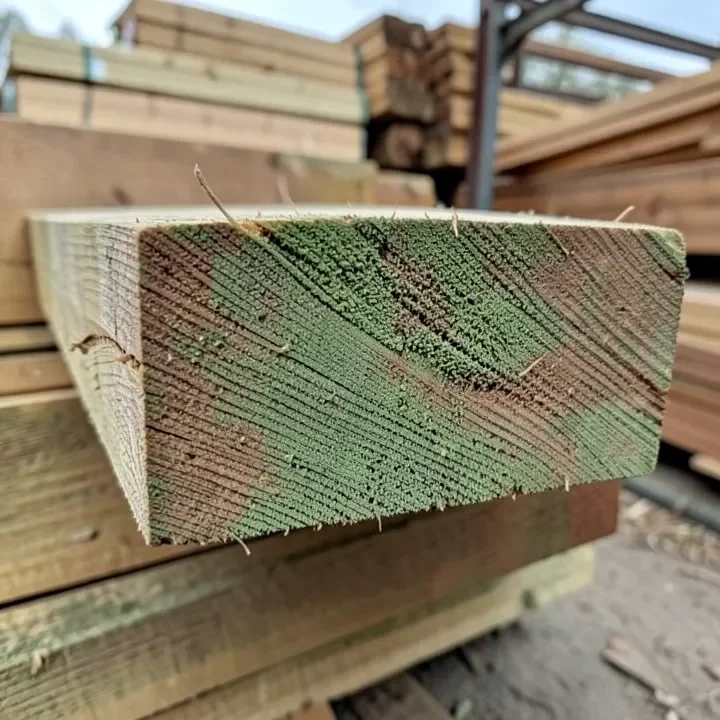 Close-up of pressure-treated lumber end grain showing green preservative tint