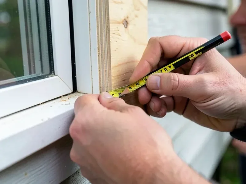 Measuring a window frame with a tape measure and pencil before cutting a plywood panel