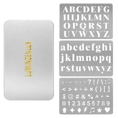 3-piece metal wood burning stencil set with uppercase, lowercase letters and numbers in a storage case