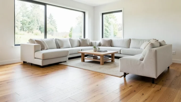 Wide-plank engineered hardwood flooring in a bright modern living room