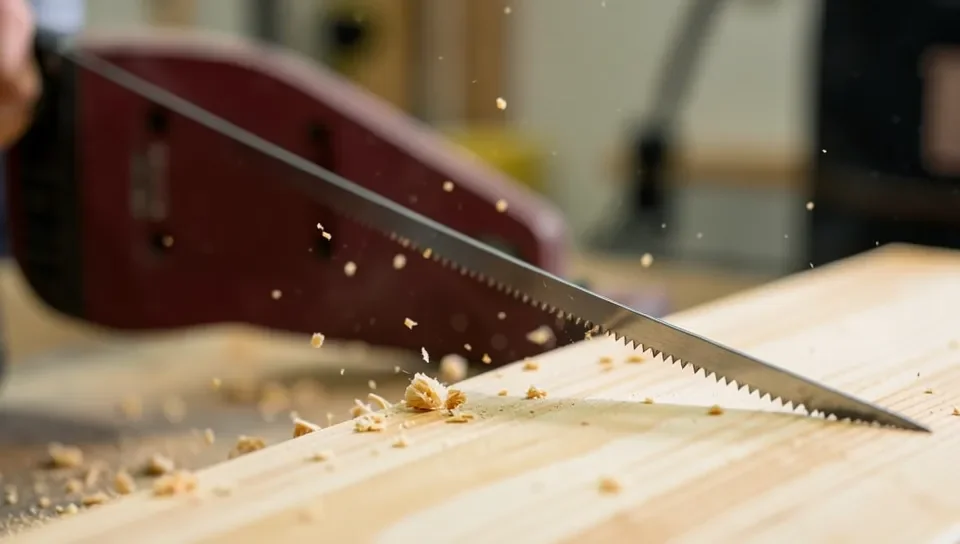Reciprocating saw blade mid-stroke cutting through a wooden board with wood chips flying