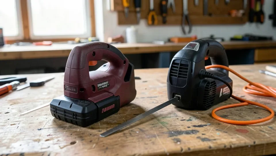 Cordless battery-powered reciprocating saw next to a corded reciprocating saw plugged into an extension cord