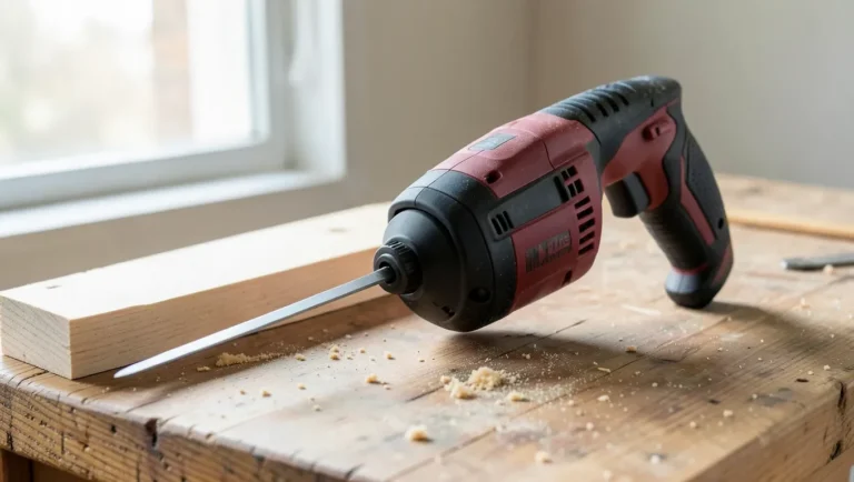 Red and black cordless reciprocating saw on a wooden workbench next to a cut board