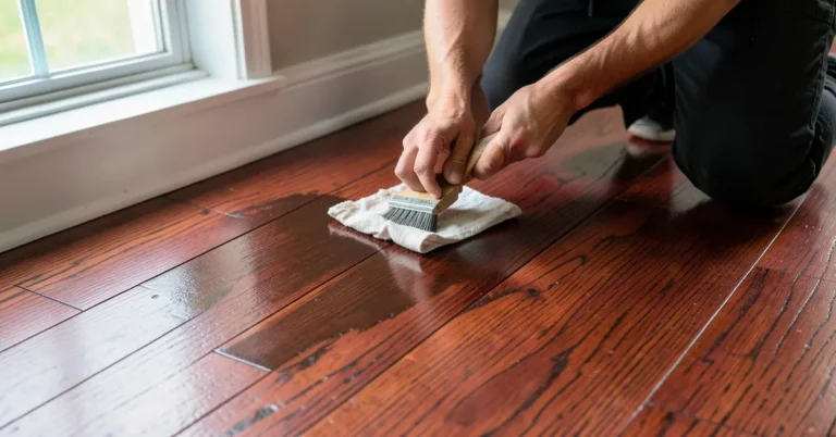 Applying dark brown Minwax stain to a red oak hardwood floor with a rag