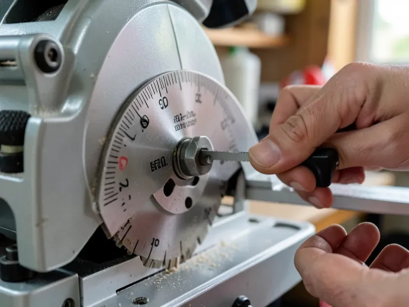 Adjusting the dual bevel angle scale on a sliding miter saw
