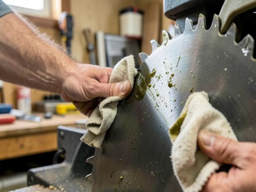 Wiping pitch and resin buildup off a miter saw blade with a cloth