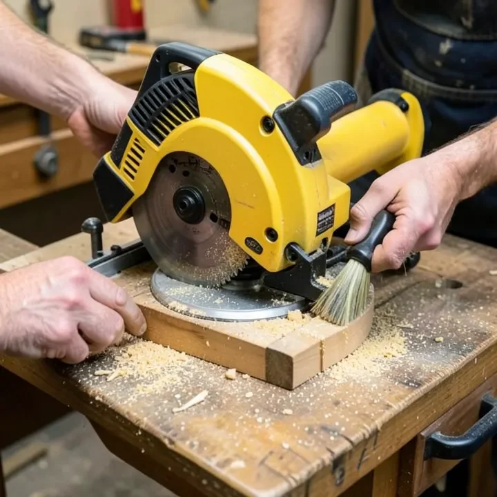 Brushing sawdust off a compound miter saw's base and pivot points during maintenance