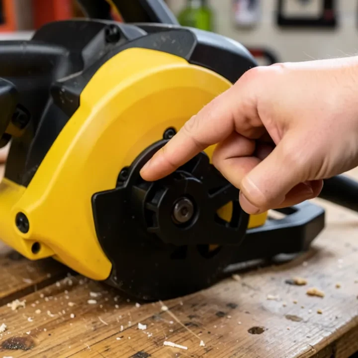 Close-up of a hand pointing to a compound miter saw's plastic blade guard