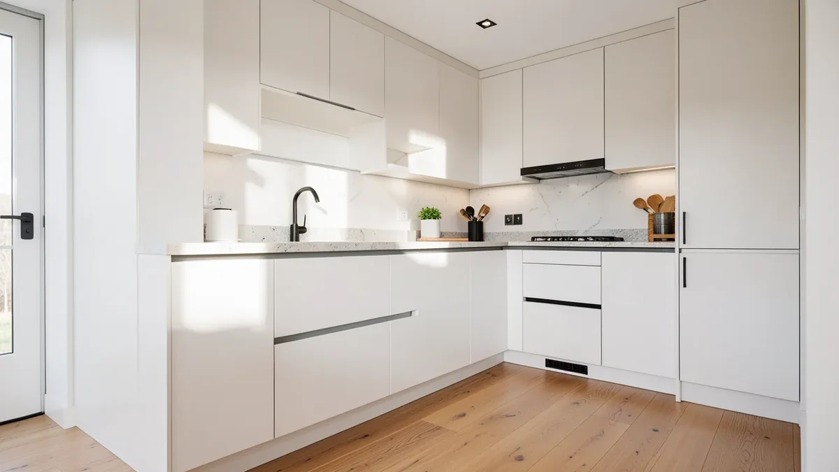 Modern white kitchen with matte cabinets and warm light oak hardwood flooring
