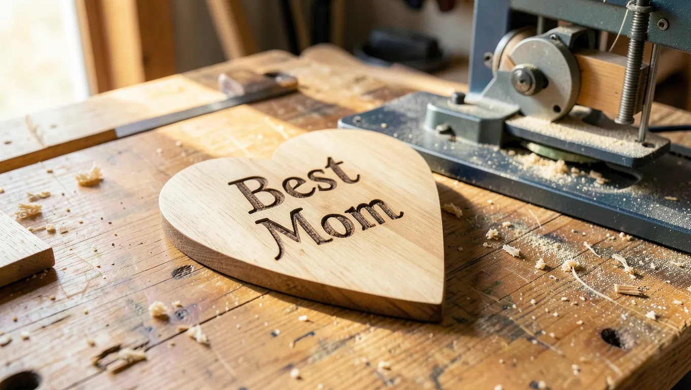 Wooden heart-shaped Best Mom plaque next to a scroll saw