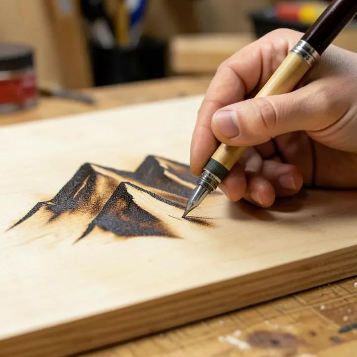 Shading a burned mountain range design with a wood-burning pen