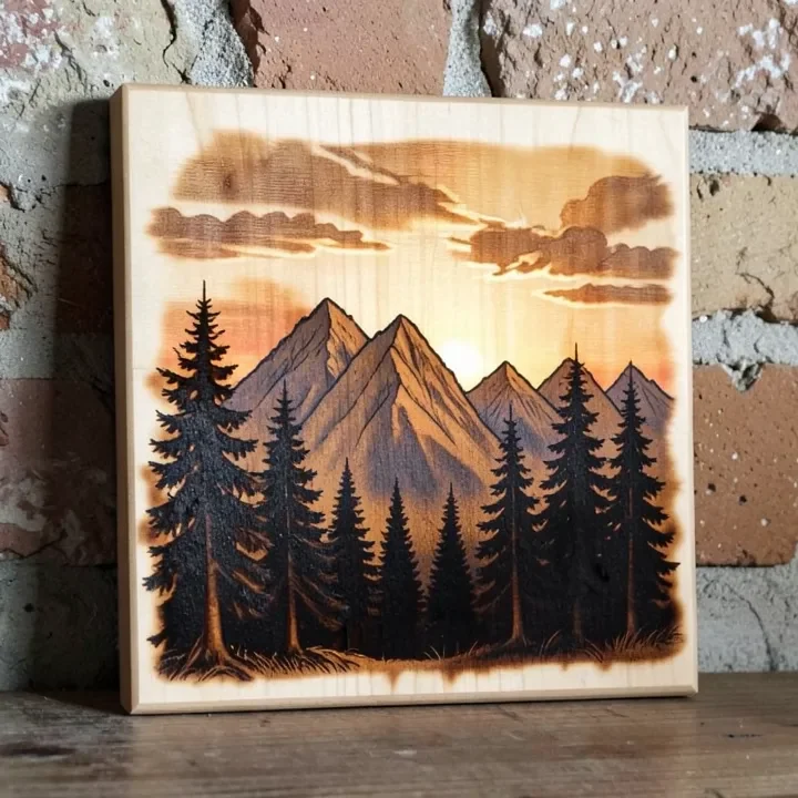 Finished mountain range pyrography plaque with pine trees and sunset