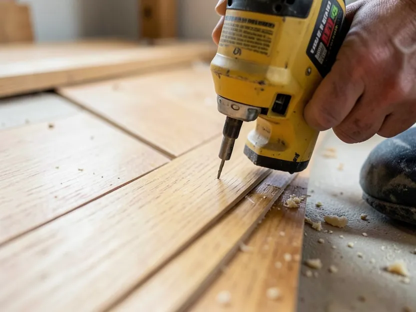 Narrow 2.25 inch wide oak flooring strips being installed with a flooring nailer