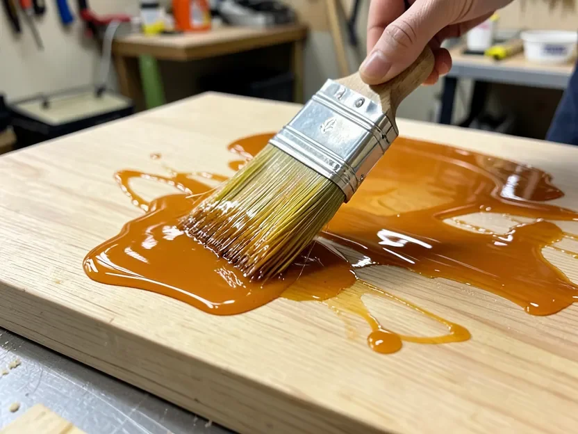 Paintbrush applying glossy amber oil-based wood finish to a wood board