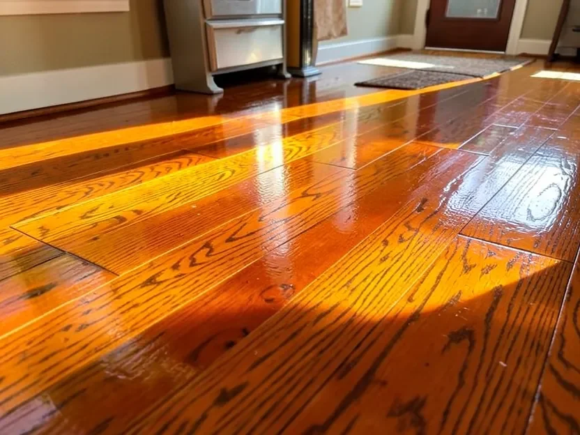 Hardwood floor finished with a glossy oil-based polyurethane topcoat