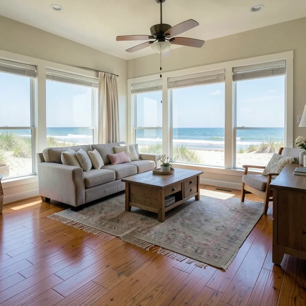beach house living room with new hardwood floors
