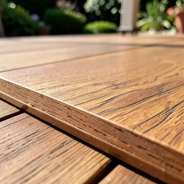 close-up of composite decking boards with wood-grain texture on an outdoor patio