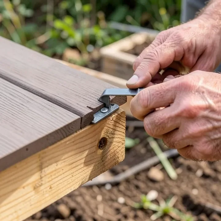 hands installing a hidden fastener clip between composite decking boards