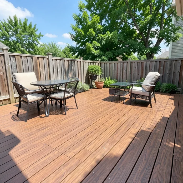 finished backyard composite deck with wood-grain textured boards