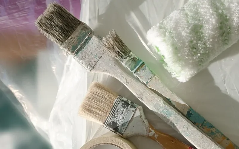 Used paint brushes, a roller cover and masking tape laid out for an exterior painting job