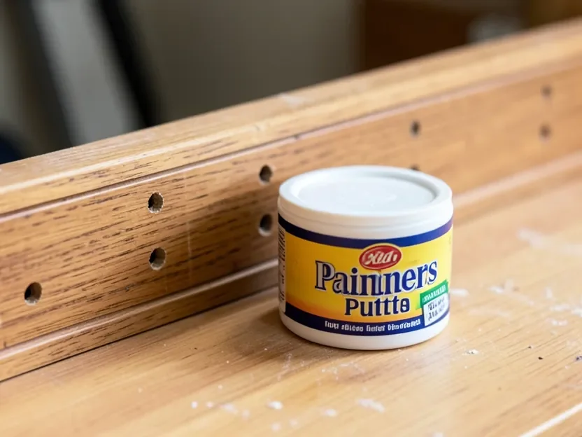 Painters putty next to wood trim with nail holes