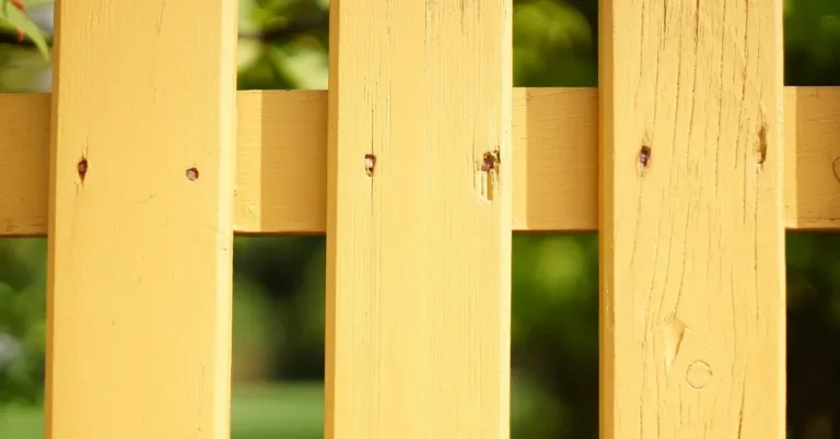 Painted wooden picket fence boards in warm yellow exterior paint