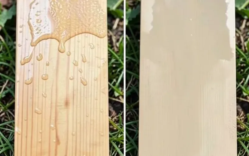 side by side comparison of penetrating versus film-forming wood sealer side by side comparison of water beading on film-forming sealer versus absorbing into penetrating sealer wood