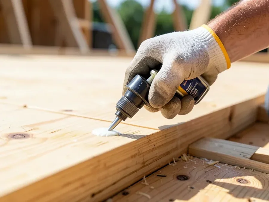 Applying construction adhesive to a plywood subfloor panel before installation