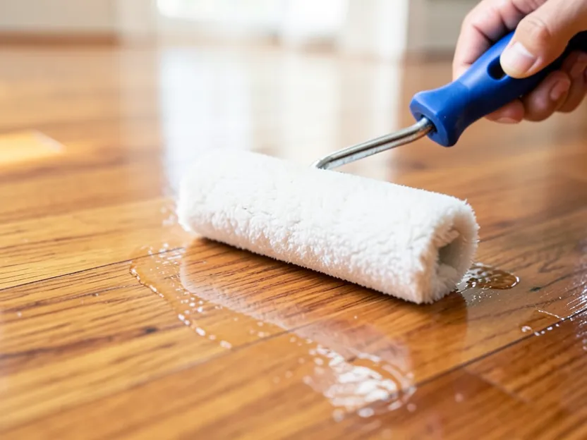 Paint roller applying clear polyurethane finish to a freshly sanded hardwood floor