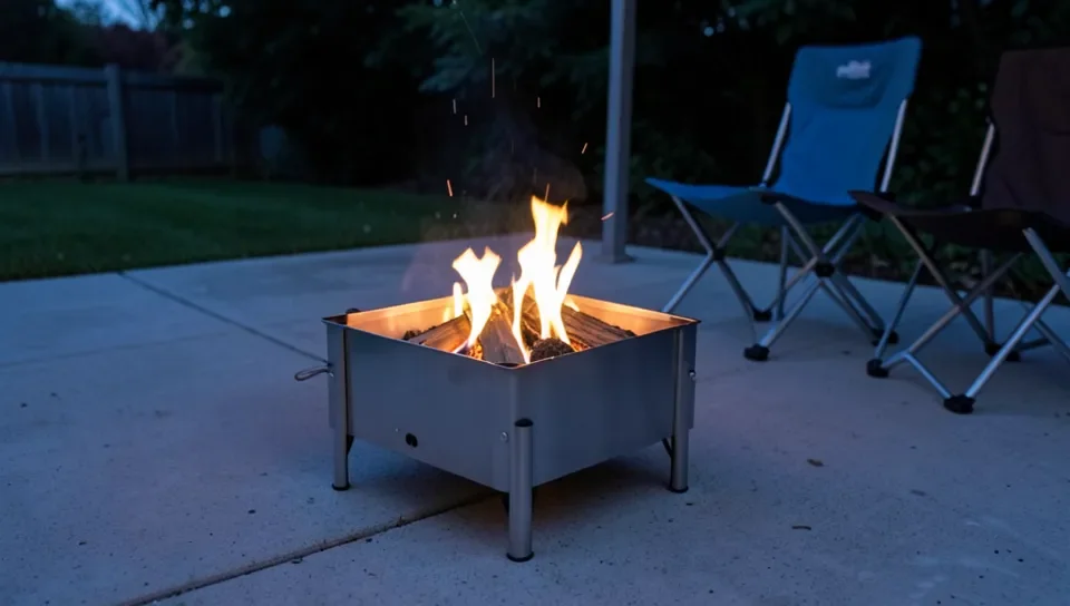 Portable wood-burning fire pit set up on a patio