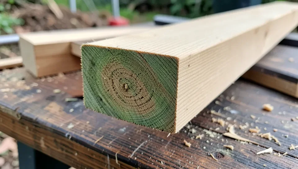 Cut end of pressure-treated lumber showing green preservative penetration into the wood grain