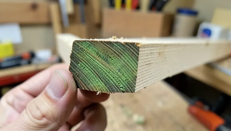 Close-up of pressure-treated wood end grain showing green preservative penetrating into the wood cells