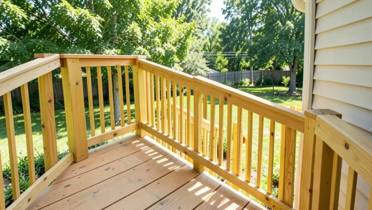 Pressure-treated wood deck handrail and balusters on a backyard porch