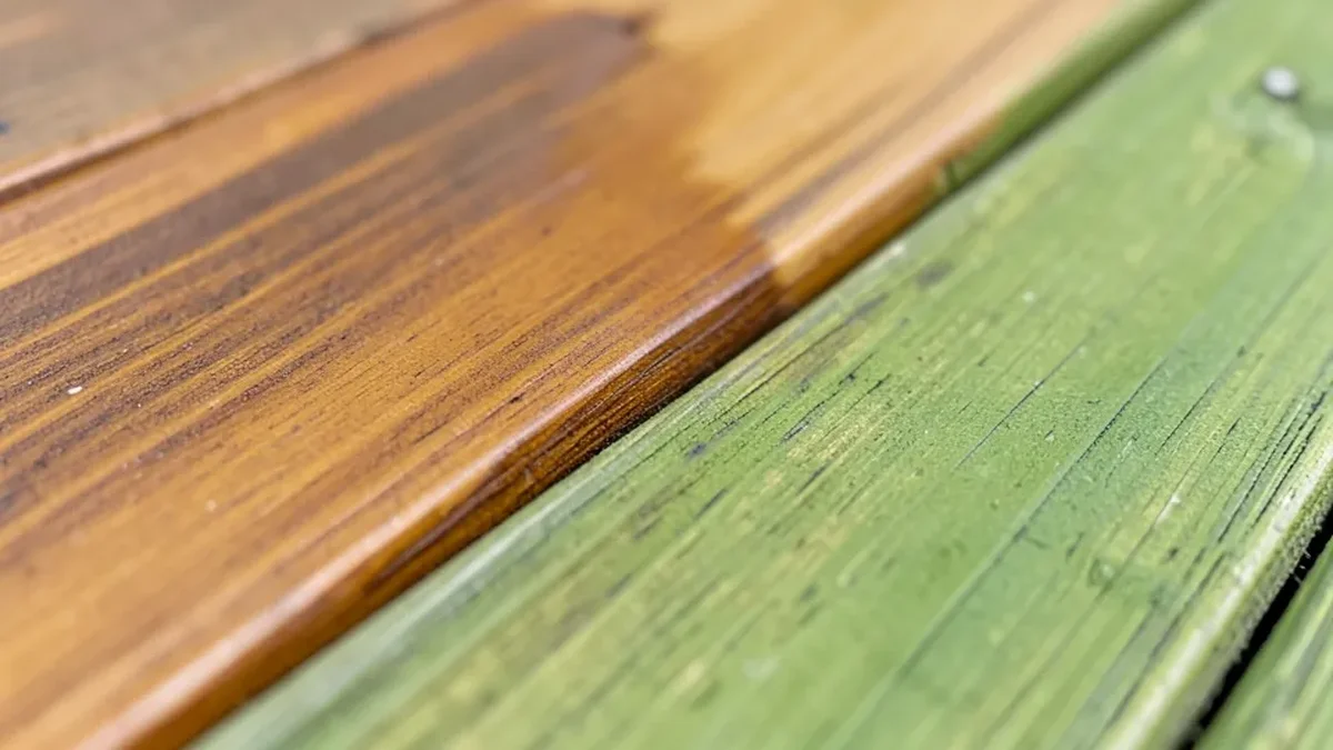 Pressure-treated deck boards with a semi-transparent brown stain applied next to unstained greenish boards