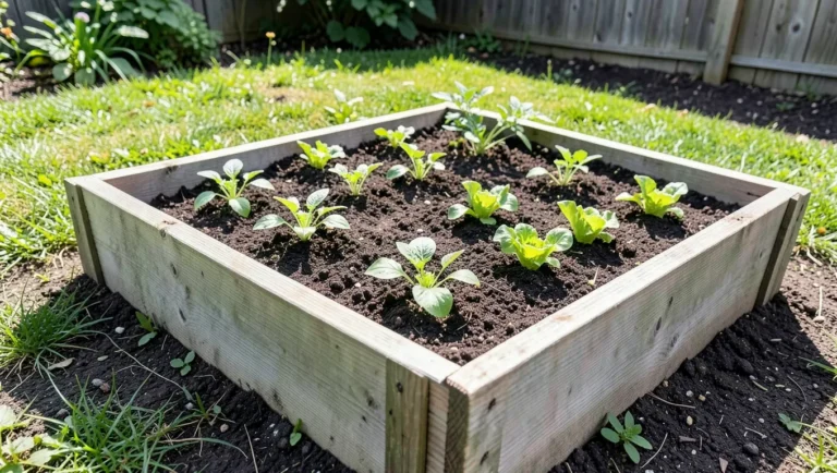Wooden raised garden bed with vegetable seedlings growing in soil